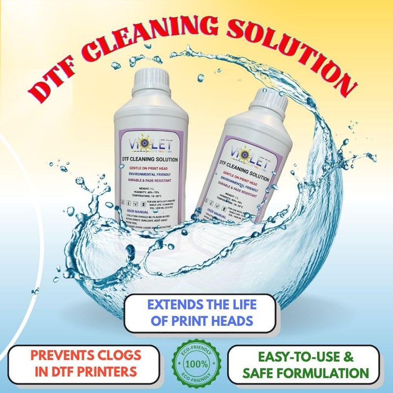 VIOLET DTF TRANSFER محلول تنظيف DTF 1000 مل – منظف رأس الطباعة لجميع طابعات DTF بما في ذلك Ep-son I3200-A1، 1600-A1، L1800، TX805 – سائل تنظيف فوهات الطباعة لإزالة الانسداد والطباعة السلسة – يطيل عمر رأس الطباعة - Image 2